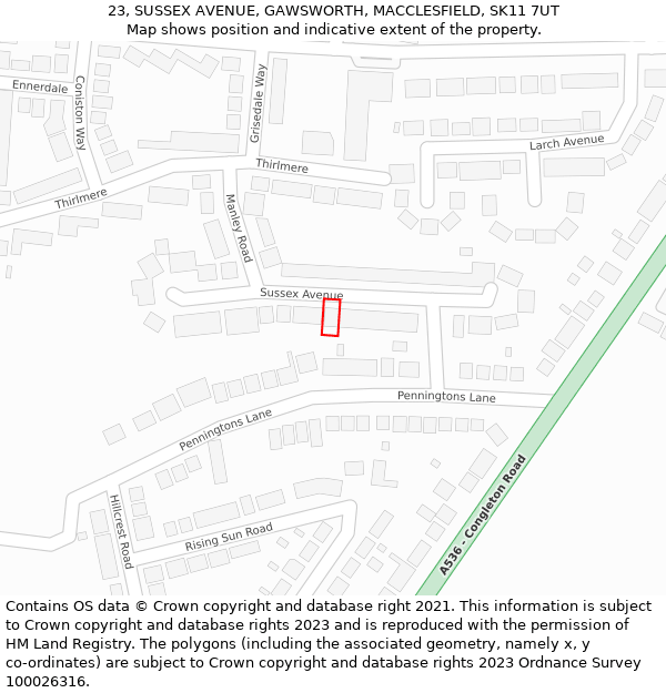 23, SUSSEX AVENUE, GAWSWORTH, MACCLESFIELD, SK11 7UT: Location map and indicative extent of plot
