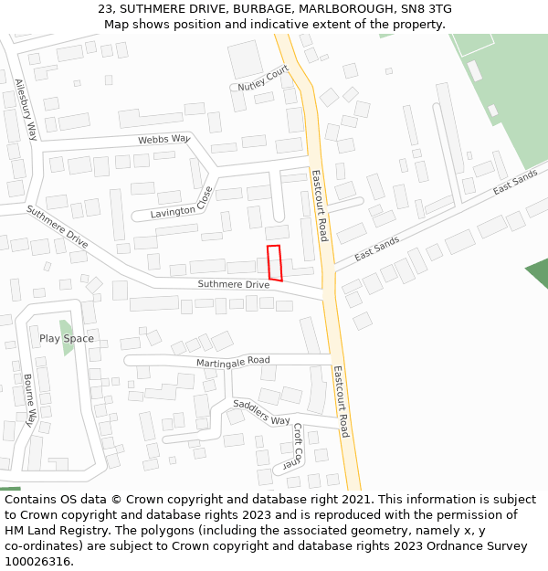 23, SUTHMERE DRIVE, BURBAGE, MARLBOROUGH, SN8 3TG: Location map and indicative extent of plot