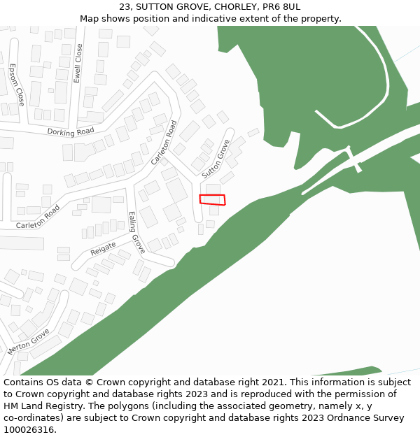 23, SUTTON GROVE, CHORLEY, PR6 8UL: Location map and indicative extent of plot