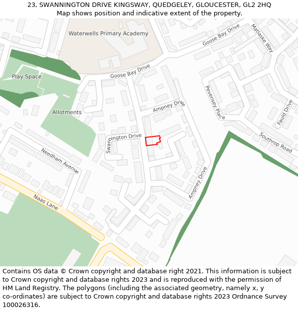 23, SWANNINGTON DRIVE KINGSWAY, QUEDGELEY, GLOUCESTER, GL2 2HQ: Location map and indicative extent of plot