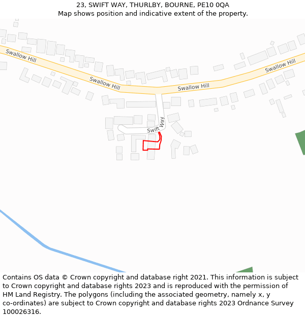 23, SWIFT WAY, THURLBY, BOURNE, PE10 0QA: Location map and indicative extent of plot