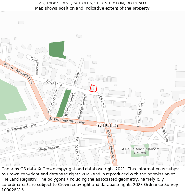 23, TABBS LANE, SCHOLES, CLECKHEATON, BD19 6DY: Location map and indicative extent of plot