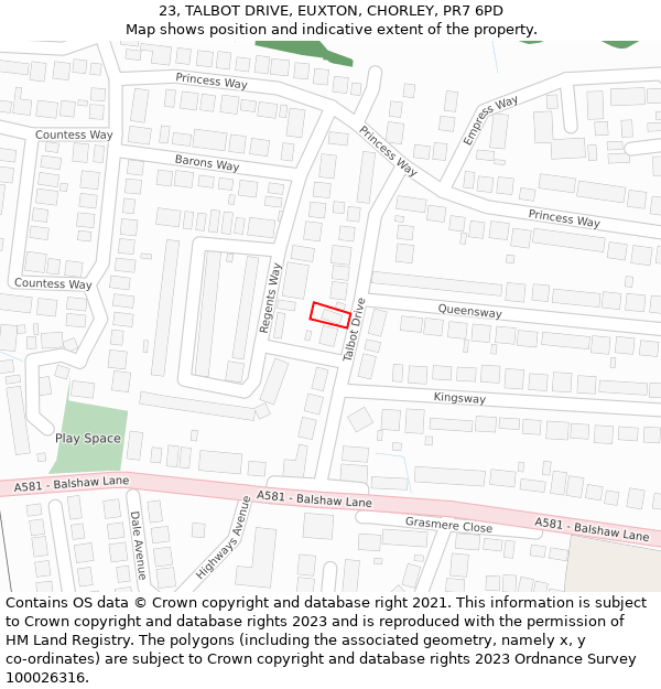 23, TALBOT DRIVE, EUXTON, CHORLEY, PR7 6PD: Location map and indicative extent of plot