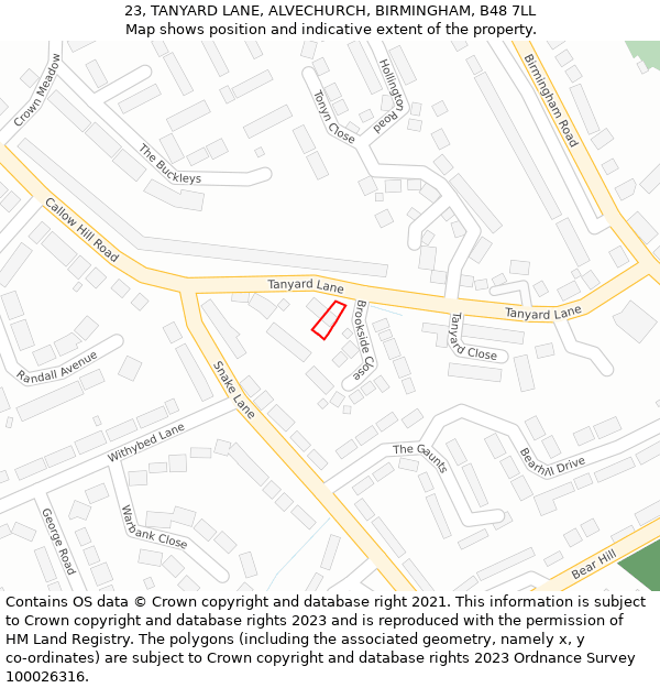 23, TANYARD LANE, ALVECHURCH, BIRMINGHAM, B48 7LL: Location map and indicative extent of plot