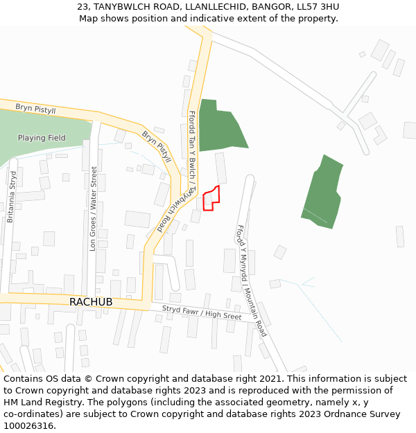 23, TANYBWLCH ROAD, LLANLLECHID, BANGOR, LL57 3HU: Location map and indicative extent of plot