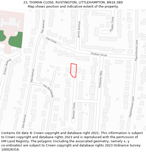 23, TASMAN CLOSE, RUSTINGTON, LITTLEHAMPTON, BN16 2BD: Location map and indicative extent of plot