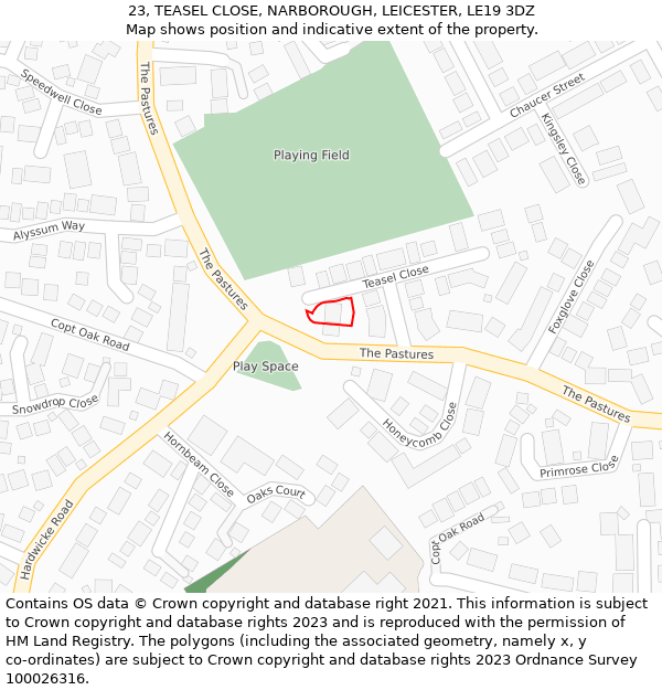 23, TEASEL CLOSE, NARBOROUGH, LEICESTER, LE19 3DZ: Location map and indicative extent of plot