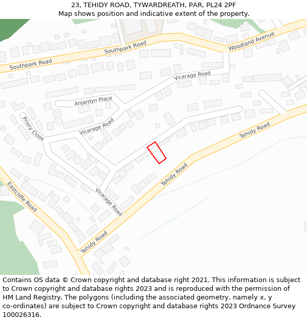 23, TEHIDY ROAD, TYWARDREATH, PAR, PL24 2PF: Location map and indicative extent of plot