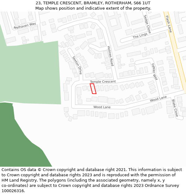 23, TEMPLE CRESCENT, BRAMLEY, ROTHERHAM, S66 1UT: Location map and indicative extent of plot