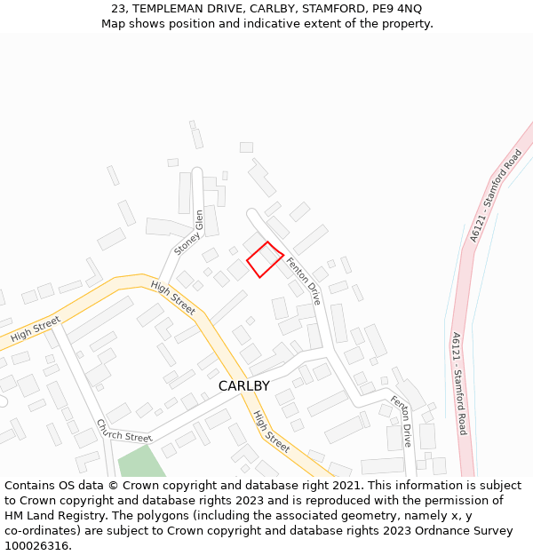 23, TEMPLEMAN DRIVE, CARLBY, STAMFORD, PE9 4NQ: Location map and indicative extent of plot