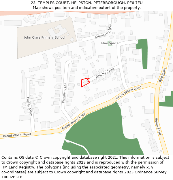 23, TEMPLES COURT, HELPSTON, PETERBOROUGH, PE6 7EU: Location map and indicative extent of plot
