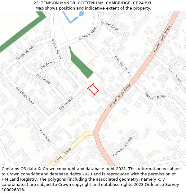 23, TENISON MANOR, COTTENHAM, CAMBRIDGE, CB24 8XL: Location map and indicative extent of plot