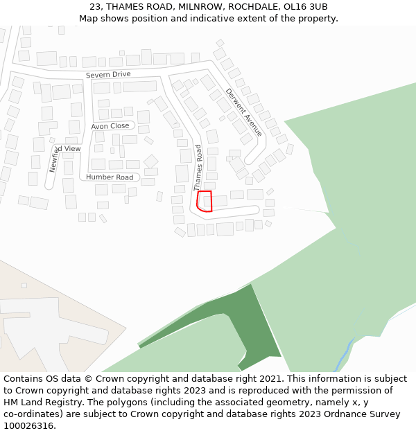23, THAMES ROAD, MILNROW, ROCHDALE, OL16 3UB: Location map and indicative extent of plot