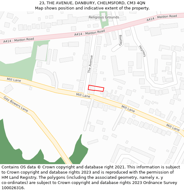 23, THE AVENUE, DANBURY, CHELMSFORD, CM3 4QN: Location map and indicative extent of plot