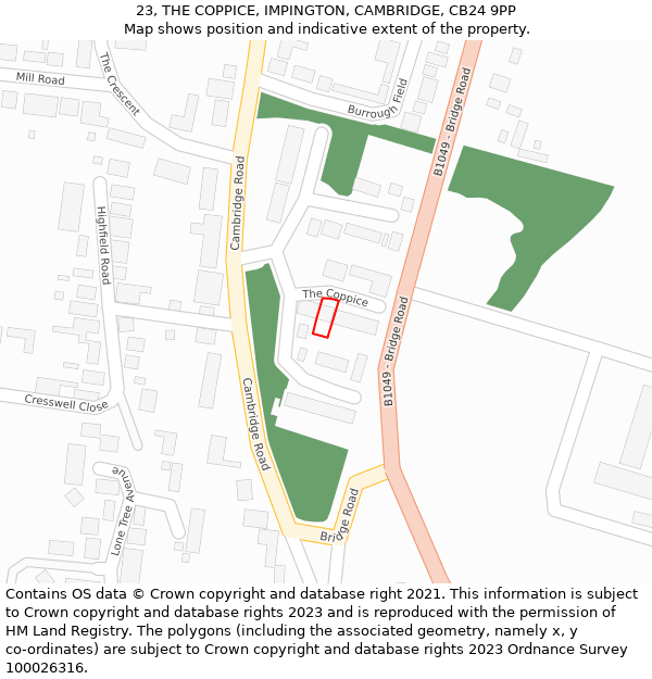 23, THE COPPICE, IMPINGTON, CAMBRIDGE, CB24 9PP: Location map and indicative extent of plot