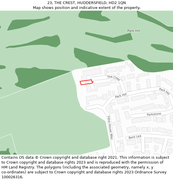 23, THE CREST, HUDDERSFIELD, HD2 1QN: Location map and indicative extent of plot