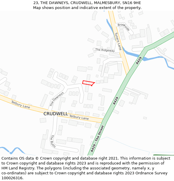 23, THE DAWNEYS, CRUDWELL, MALMESBURY, SN16 9HE: Location map and indicative extent of plot