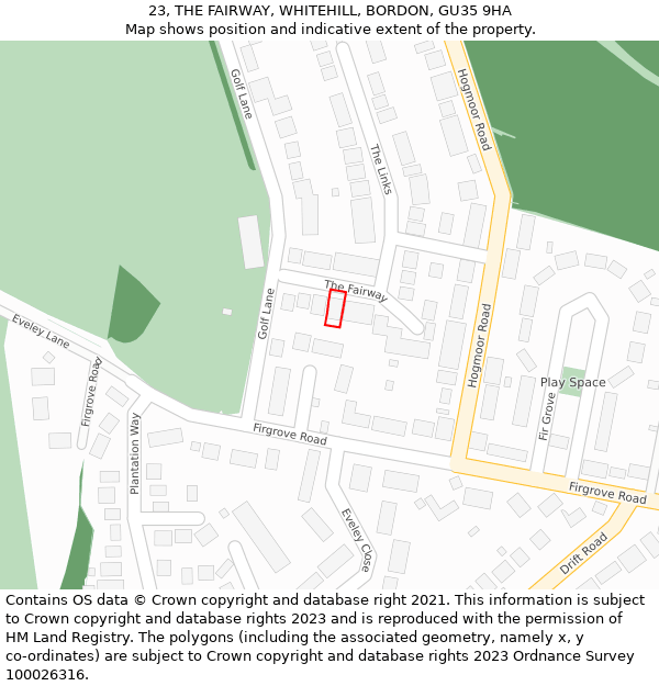 23, THE FAIRWAY, WHITEHILL, BORDON, GU35 9HA: Location map and indicative extent of plot