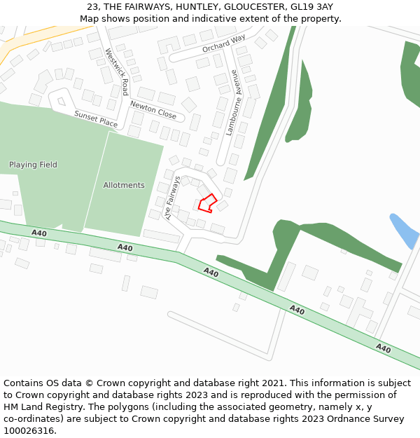 23, THE FAIRWAYS, HUNTLEY, GLOUCESTER, GL19 3AY: Location map and indicative extent of plot