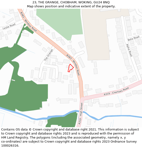 23, THE GRANGE, CHOBHAM, WOKING, GU24 8NQ: Location map and indicative extent of plot