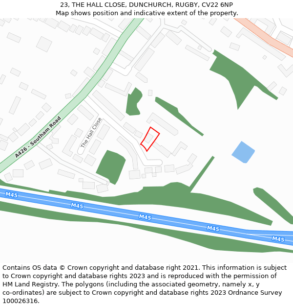 23, THE HALL CLOSE, DUNCHURCH, RUGBY, CV22 6NP: Location map and indicative extent of plot