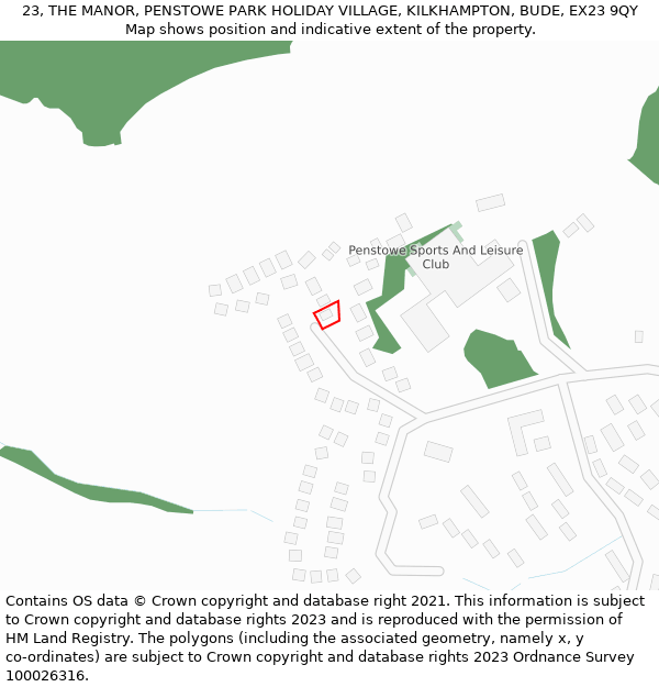 23, THE MANOR, PENSTOWE PARK HOLIDAY VILLAGE, KILKHAMPTON, BUDE, EX23 9QY: Location map and indicative extent of plot