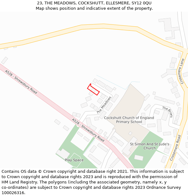 23, THE MEADOWS, COCKSHUTT, ELLESMERE, SY12 0QU: Location map and indicative extent of plot