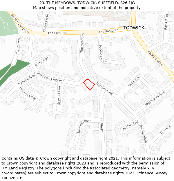 23, THE MEADOWS, TODWICK, SHEFFIELD, S26 1JG: Location map and indicative extent of plot