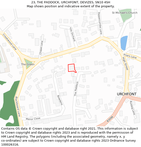 23, THE PADDOCK, URCHFONT, DEVIZES, SN10 4SH: Location map and indicative extent of plot