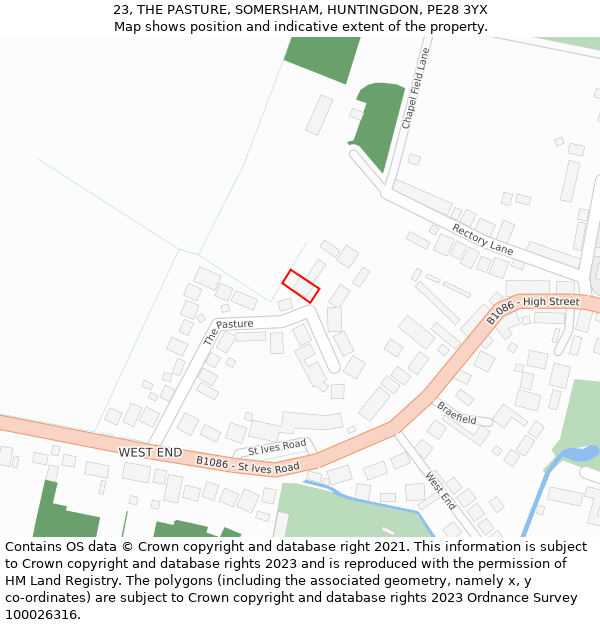 23, THE PASTURE, SOMERSHAM, HUNTINGDON, PE28 3YX: Location map and indicative extent of plot