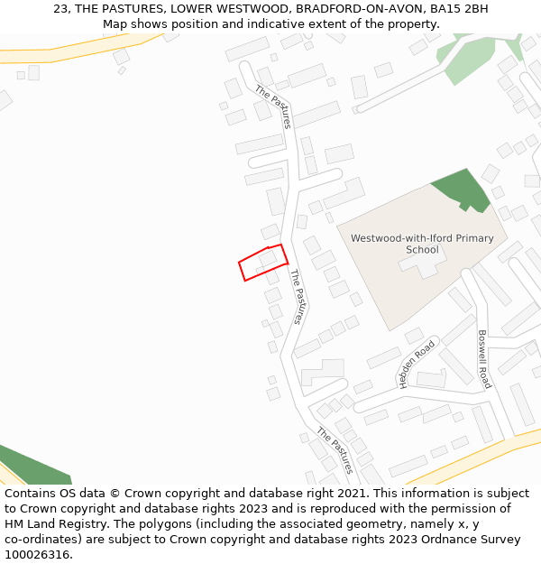 23, THE PASTURES, LOWER WESTWOOD, BRADFORD-ON-AVON, BA15 2BH: Location map and indicative extent of plot