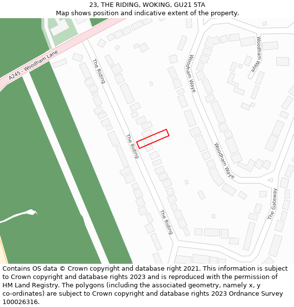 23, THE RIDING, WOKING, GU21 5TA: Location map and indicative extent of plot