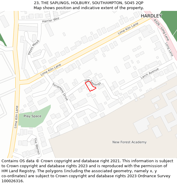 23, THE SAPLINGS, HOLBURY, SOUTHAMPTON, SO45 2QP: Location map and indicative extent of plot