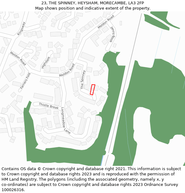 23, THE SPINNEY, HEYSHAM, MORECAMBE, LA3 2FP: Location map and indicative extent of plot
