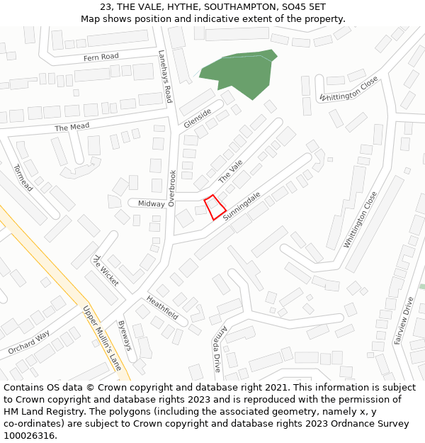 23, THE VALE, HYTHE, SOUTHAMPTON, SO45 5ET: Location map and indicative extent of plot