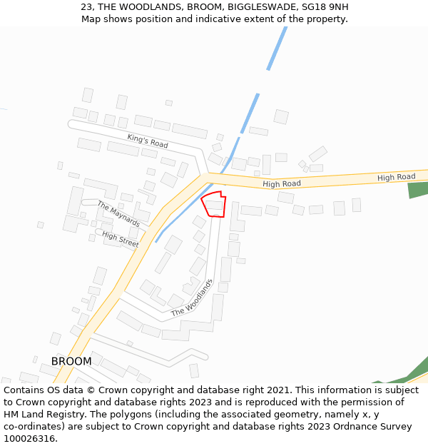 23, THE WOODLANDS, BROOM, BIGGLESWADE, SG18 9NH: Location map and indicative extent of plot