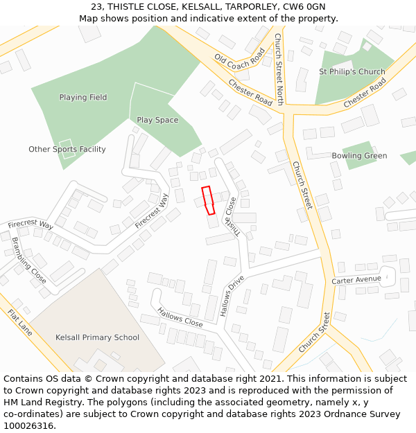 23, THISTLE CLOSE, KELSALL, TARPORLEY, CW6 0GN: Location map and indicative extent of plot