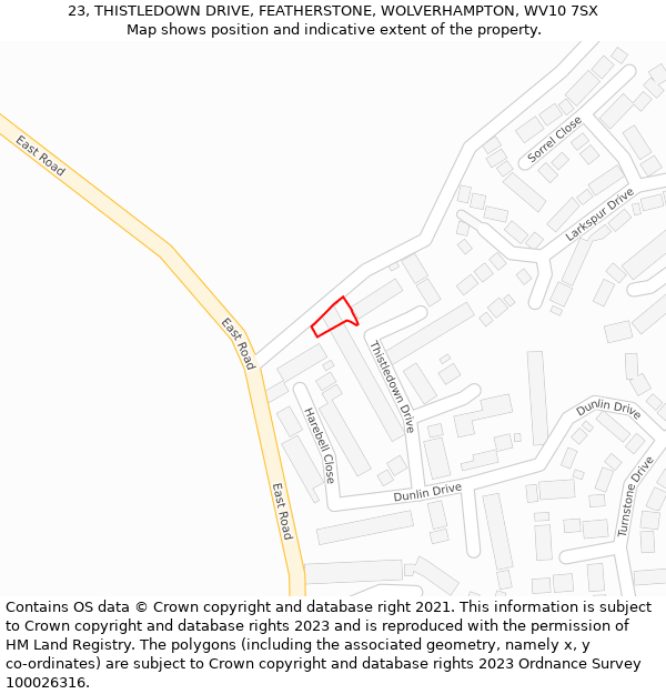 23, THISTLEDOWN DRIVE, FEATHERSTONE, WOLVERHAMPTON, WV10 7SX: Location map and indicative extent of plot
