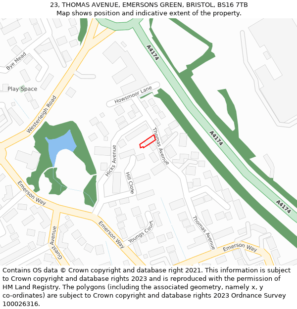 23, THOMAS AVENUE, EMERSONS GREEN, BRISTOL, BS16 7TB: Location map and indicative extent of plot