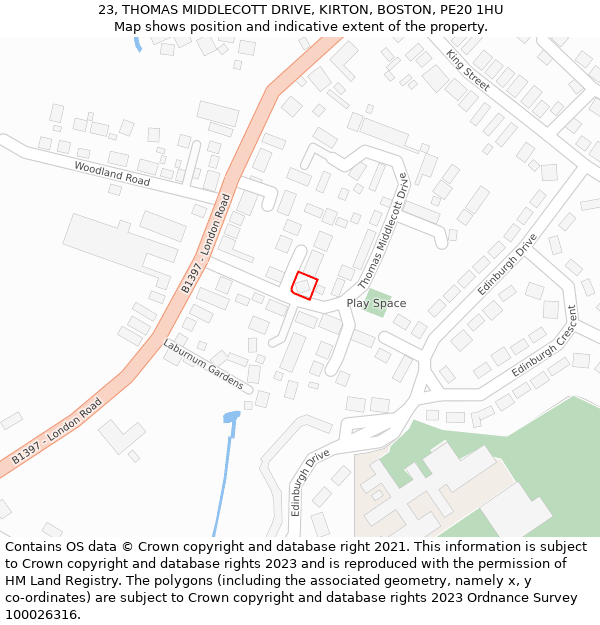 23, THOMAS MIDDLECOTT DRIVE, KIRTON, BOSTON, PE20 1HU: Location map and indicative extent of plot