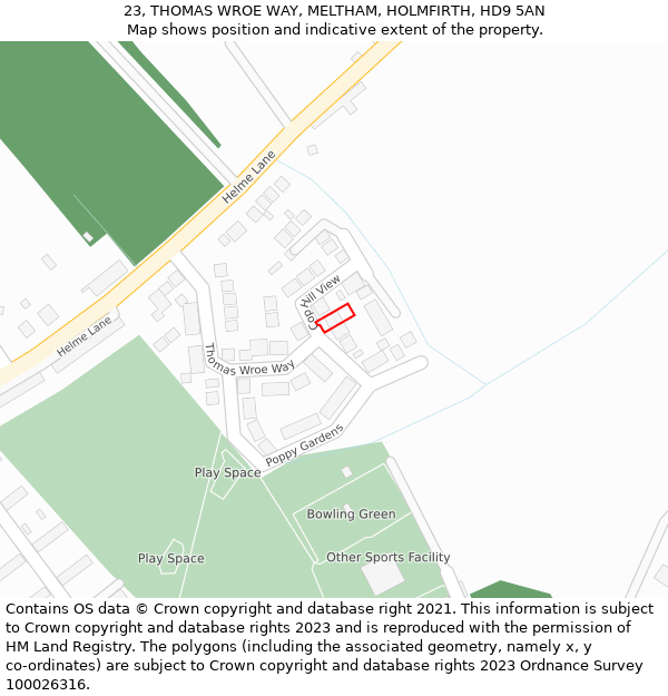 23, THOMAS WROE WAY, MELTHAM, HOLMFIRTH, HD9 5AN: Location map and indicative extent of plot