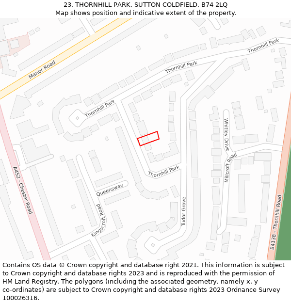 23, THORNHILL PARK, SUTTON COLDFIELD, B74 2LQ: Location map and indicative extent of plot