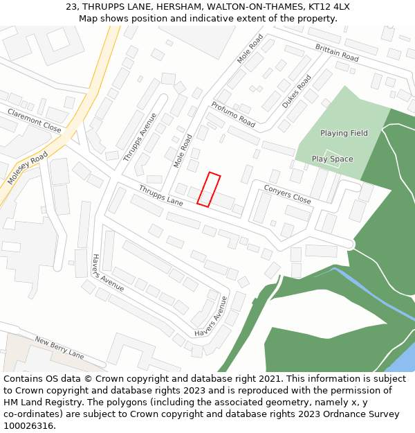 23, THRUPPS LANE, HERSHAM, WALTON-ON-THAMES, KT12 4LX: Location map and indicative extent of plot