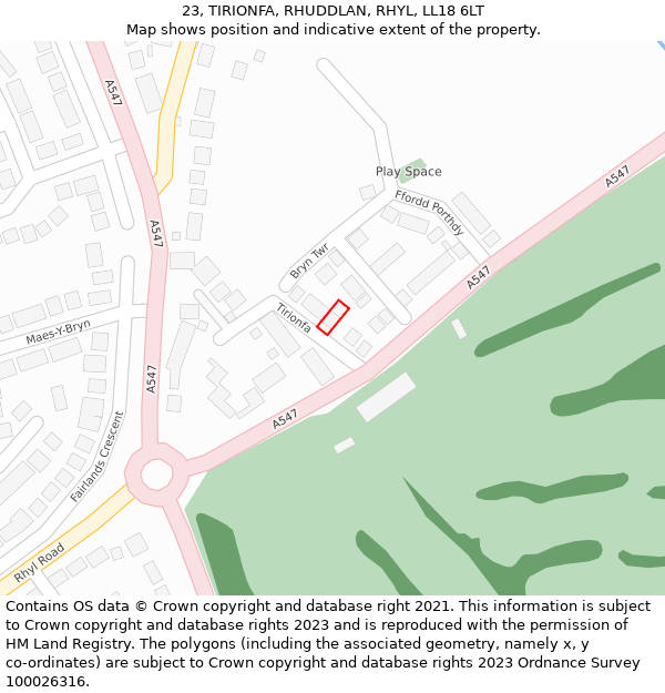 23, TIRIONFA, RHUDDLAN, RHYL, LL18 6LT: Location map and indicative extent of plot