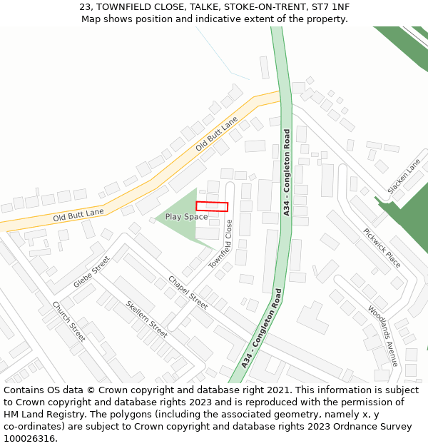 23, TOWNFIELD CLOSE, TALKE, STOKE-ON-TRENT, ST7 1NF: Location map and indicative extent of plot