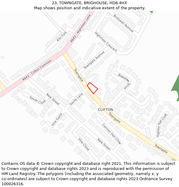 23, TOWNGATE, BRIGHOUSE, HD6 4HX: Location map and indicative extent of plot