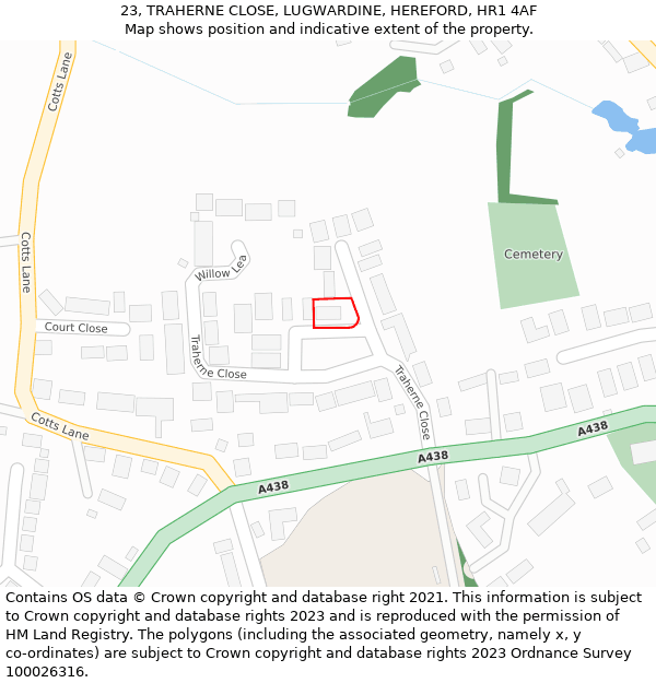 23, TRAHERNE CLOSE, LUGWARDINE, HEREFORD, HR1 4AF: Location map and indicative extent of plot