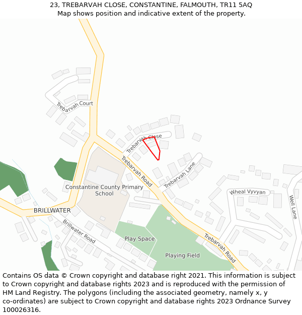 23, TREBARVAH CLOSE, CONSTANTINE, FALMOUTH, TR11 5AQ: Location map and indicative extent of plot