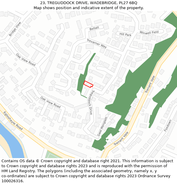 23, TREGUDDOCK DRIVE, WADEBRIDGE, PL27 6BQ: Location map and indicative extent of plot