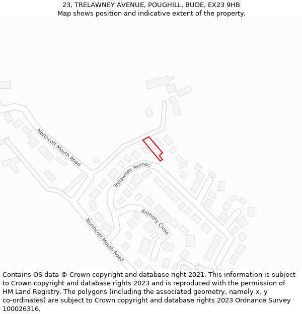 23, TRELAWNEY AVENUE, POUGHILL, BUDE, EX23 9HB: Location map and indicative extent of plot